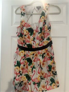 White Romper with Black Label Detail and Flamingo Pattern